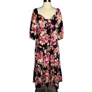 Anthropologie‎ 100% Cotton Boho Black Floral Pink Maxi Dress Balloon Sleeve